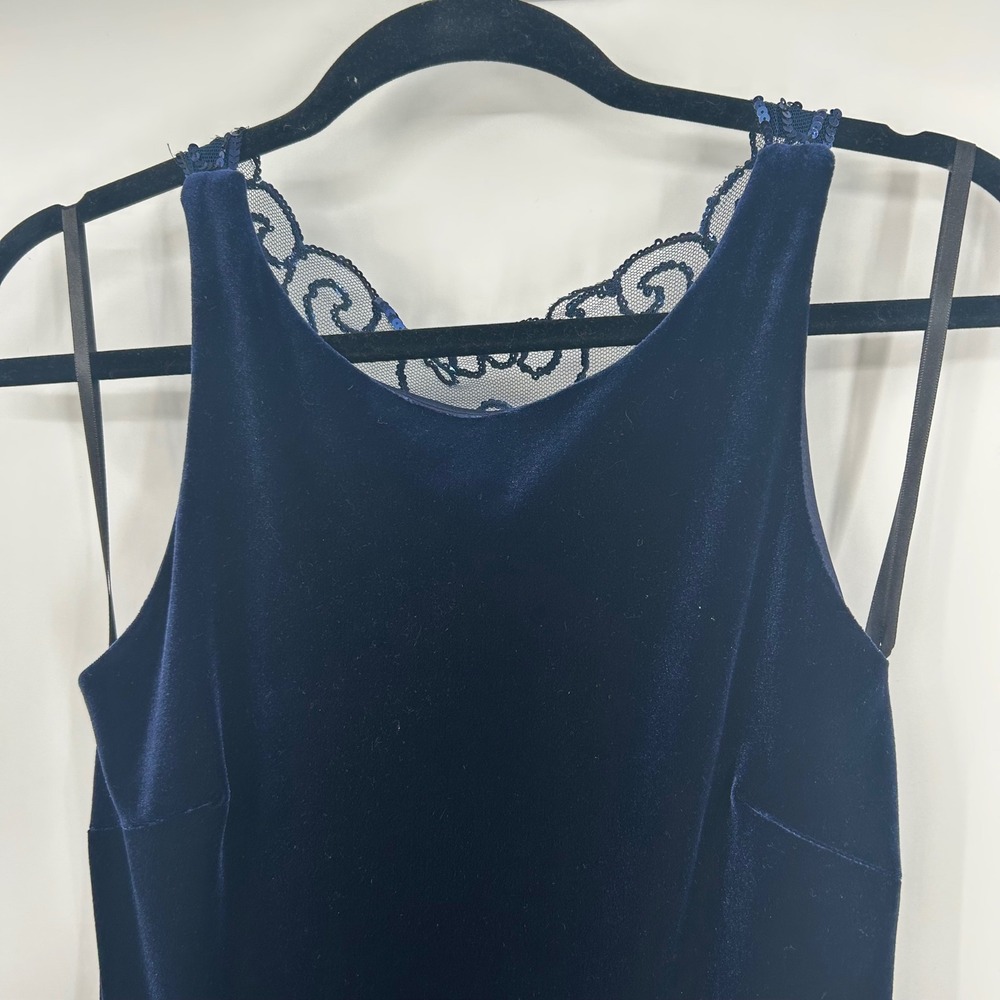 Night Way Collections Navy Blue Velvet Sequin Lace Back Gown Dress Size 4 USA